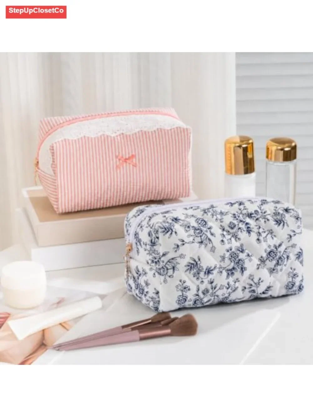 Quilted Cotton Makeup Bag Travel Toiletry Organizer Floral Cosmetic Pouch Purse